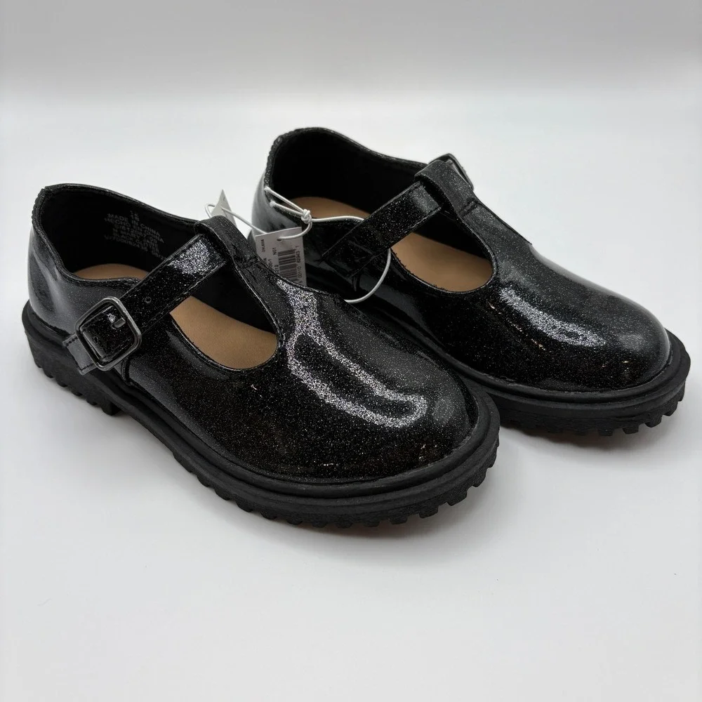 Old Navy Girls Black Glitter Glam Patent Leather Buckle Mary Jane's Size 12